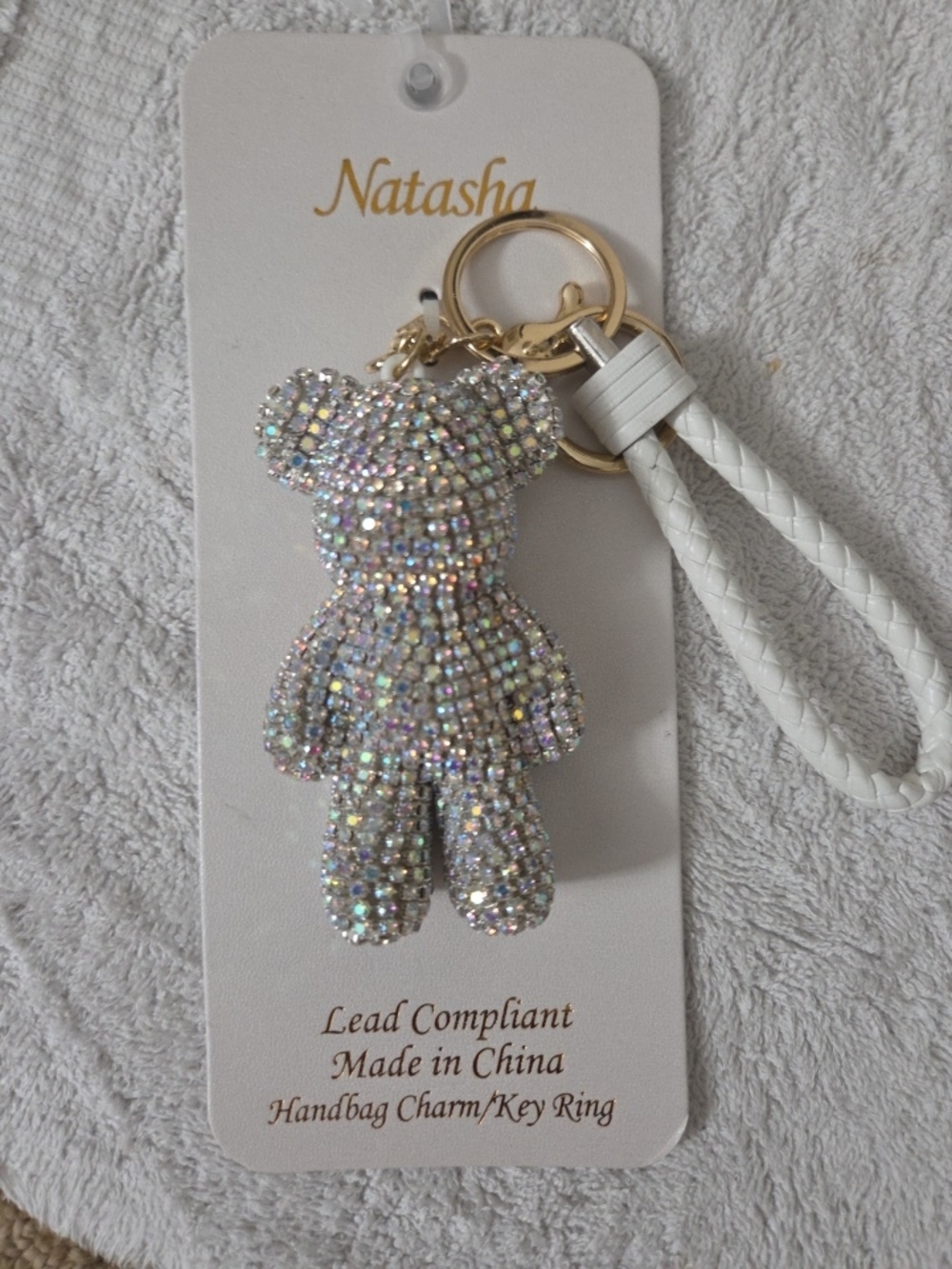 Natasha Iridescent Crystal Bear Keychain with White Braided Strap